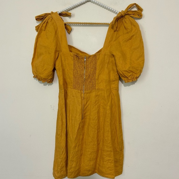 Reformation Yellow Ochre Spring Bow Sleeve Linen Mini Dress SIZE 6 - Picture 9 of 9